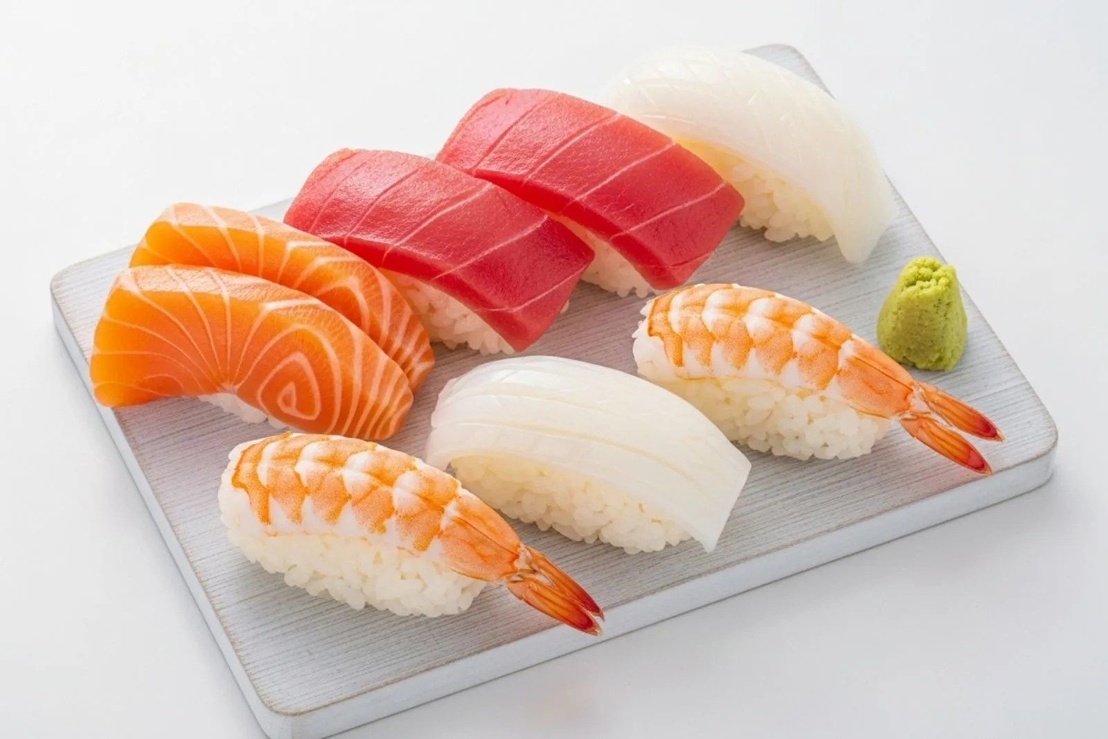 Assorted nigiri sushi with salmon, tuna, squid and shrimp on wooden plate at SUSHI 88, a Japanese Restaurant in New York